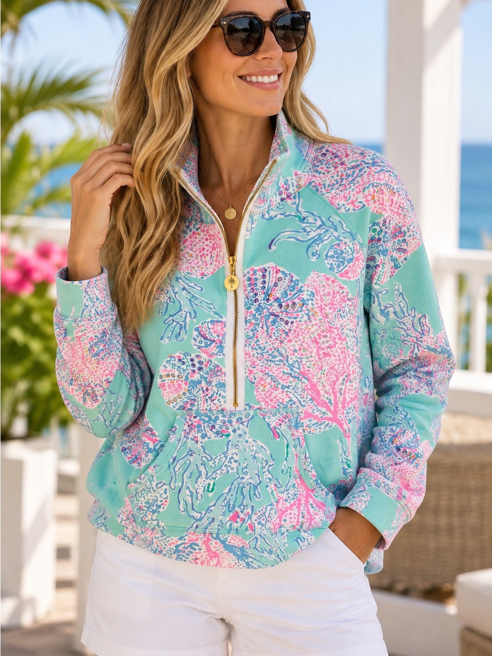 Lilly Pulitzer Skipper Popover Half Zip Tropical Shell Print